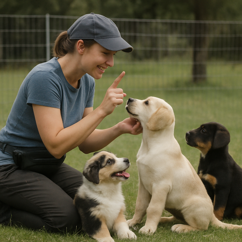 dog trainer interacting with puppies
