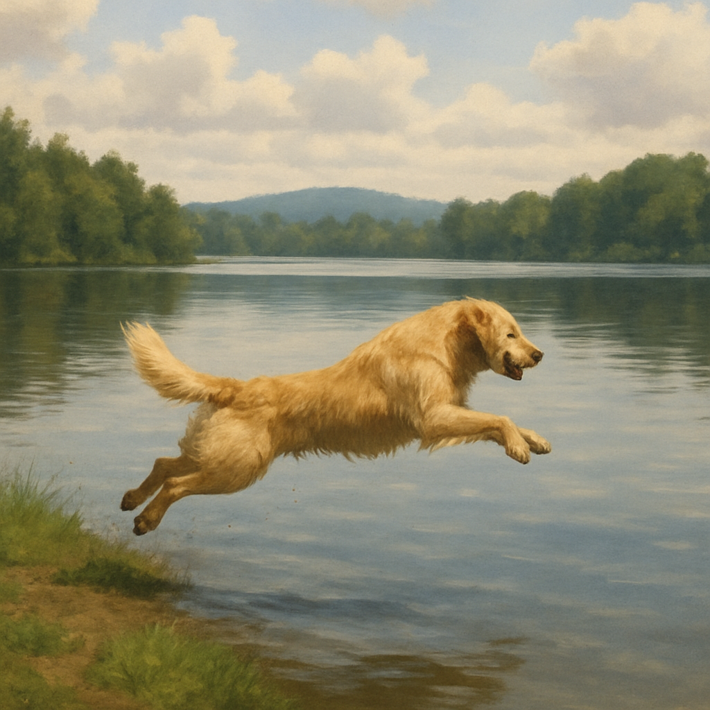 Dog jumping into a lake