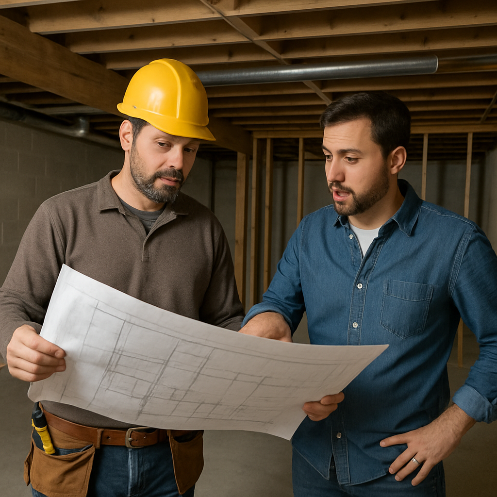 Contractor discussing plans with a homeowner in a basement