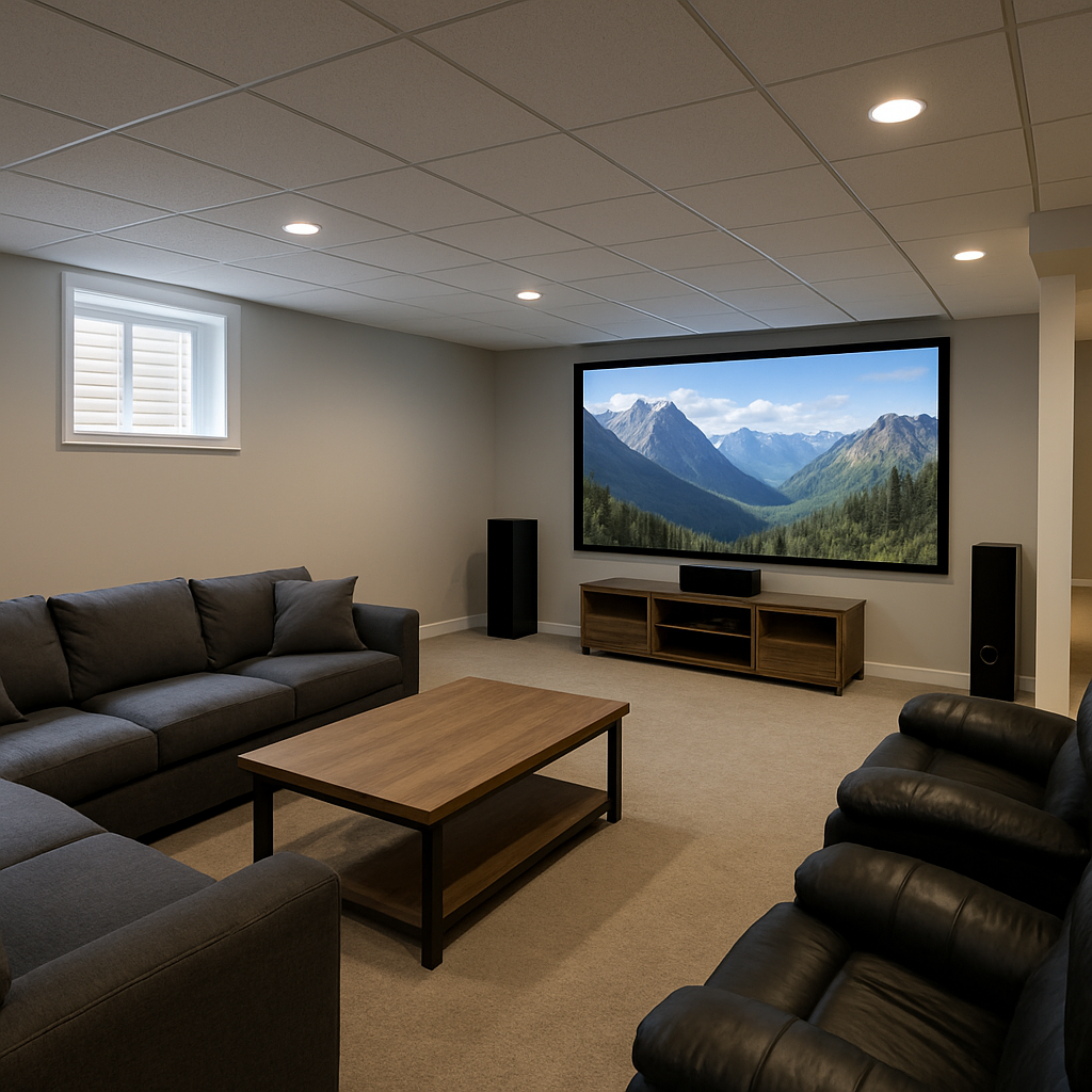 Spacious remodeled basement with a home theater setup