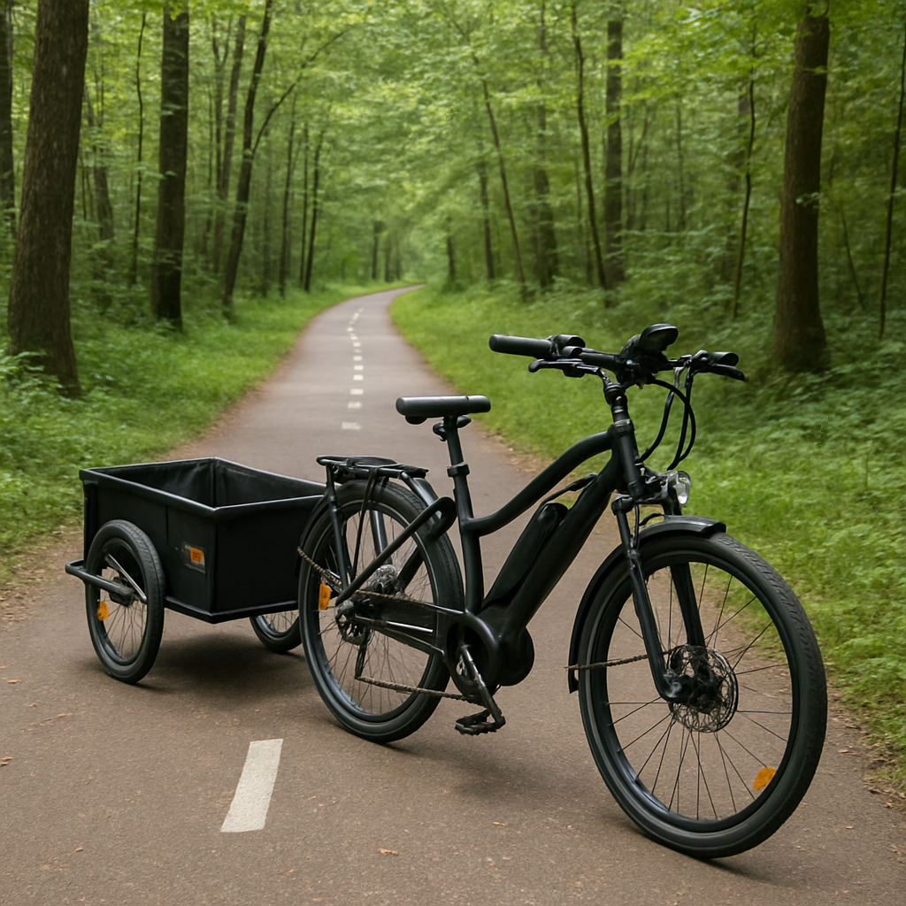 Vélo électrique avec remorque arrière sur une piste cyclable en forêt