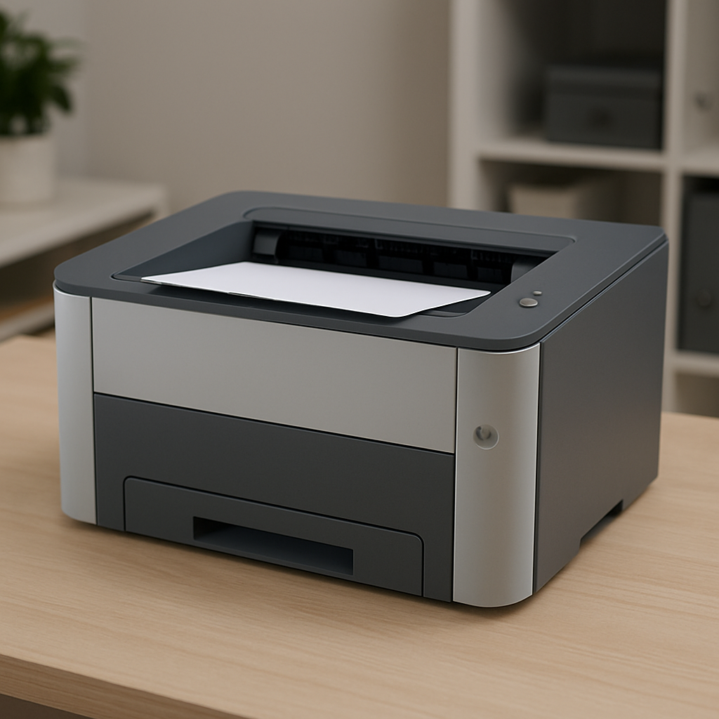 A sleek laser printer on a desk