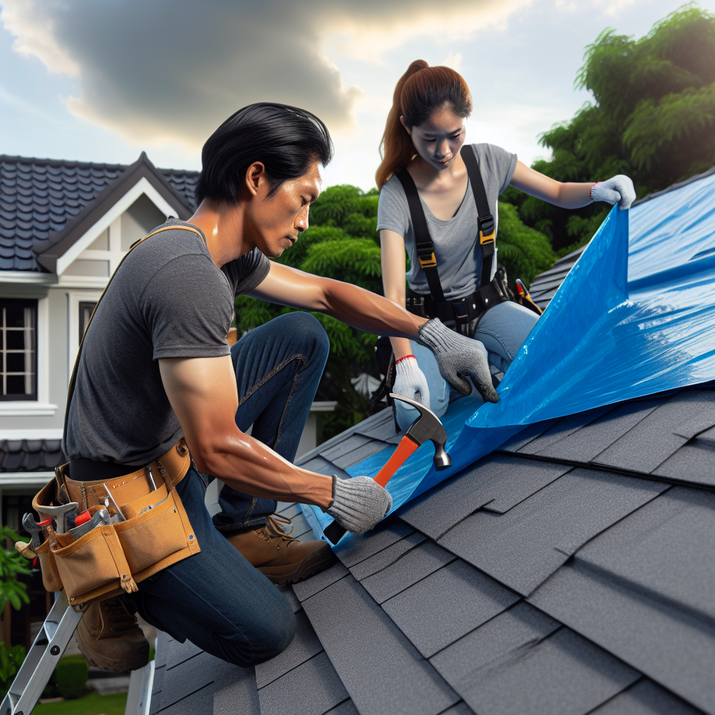 AI image of a roofer tarping a roof for a homeowner