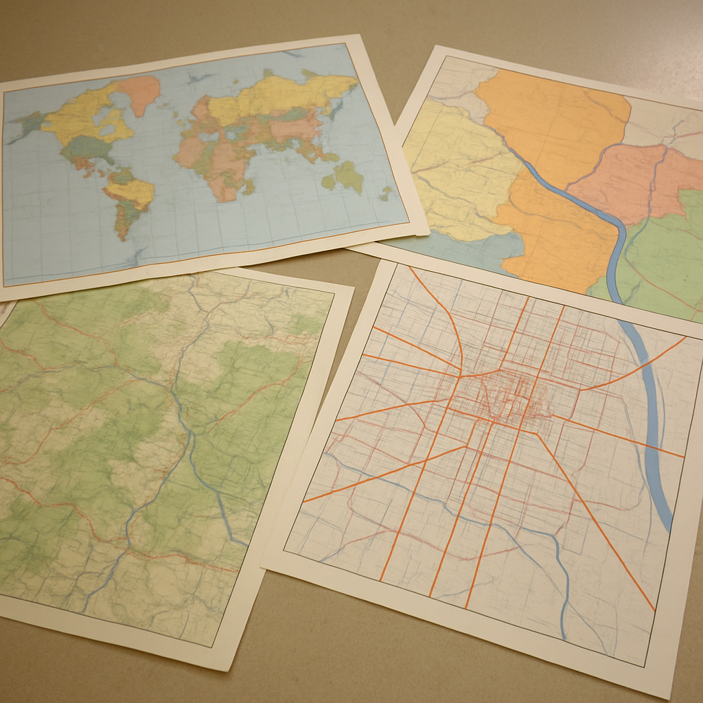 Various types of printed maps spread out on a table