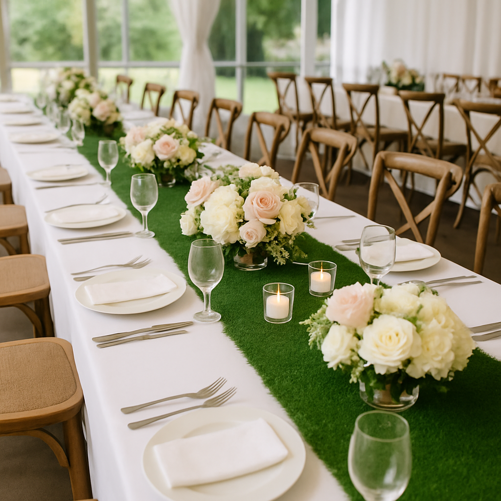 Grass table runner at a wedding reception