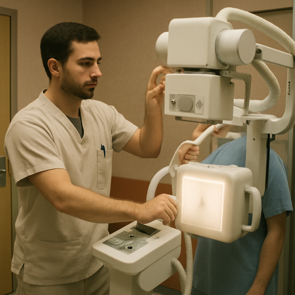 Technician using a portable x-ray machine