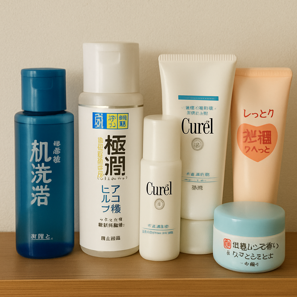 Japanese skincare products on a shelf