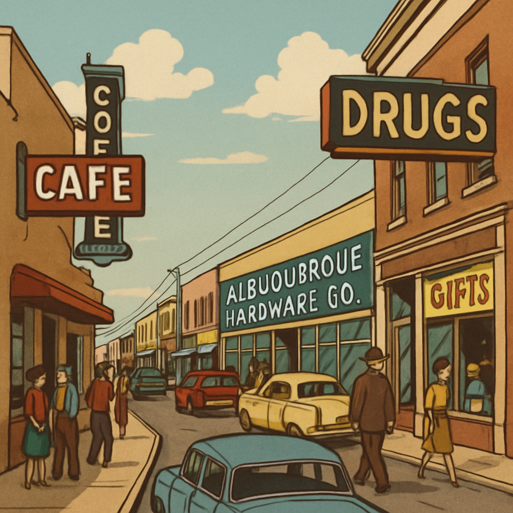 A bustling street in Albuquerque with local businesses