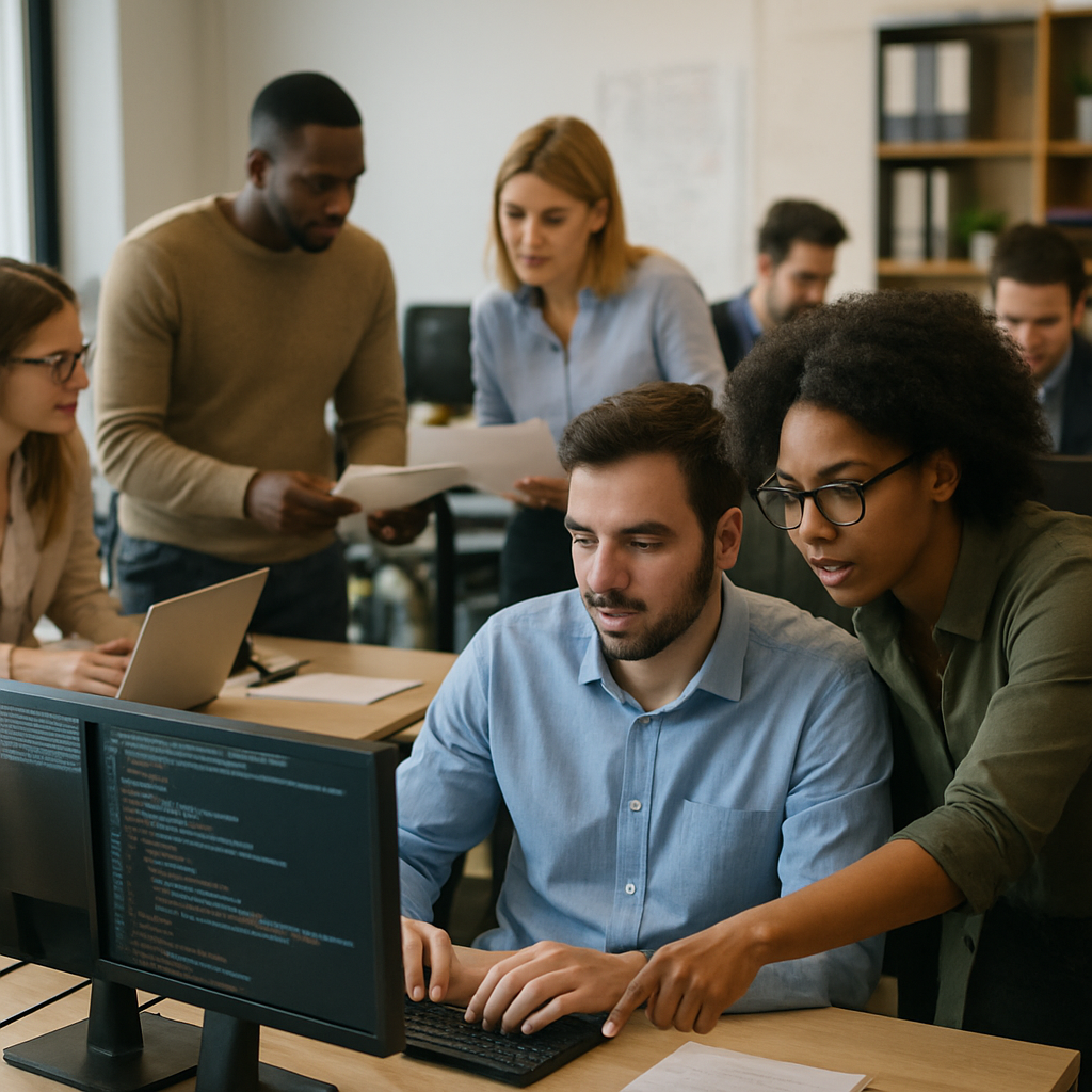 A busy office with professionals collaborating on IT tasks