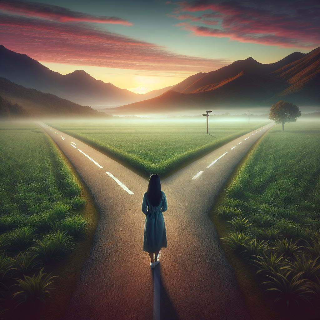 A person standing at a crossroads, symbolizing the decision between a lateral and vertical career move