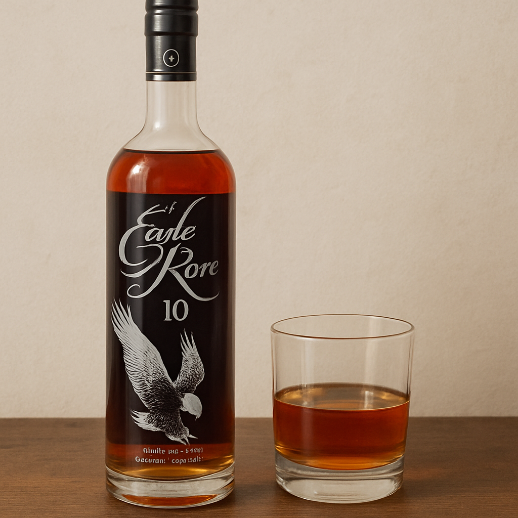 A bottle of Eagle Rare 10 bourbon with a glass of whiskey