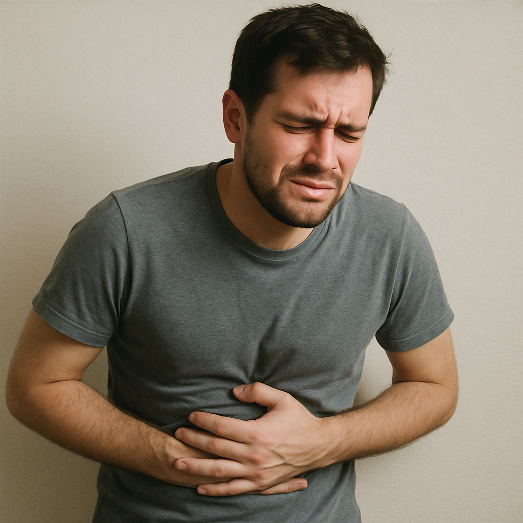 Person holding stomach in discomfort