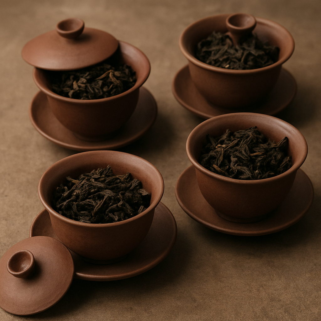 A selection of clay gaiwans with tea leaves