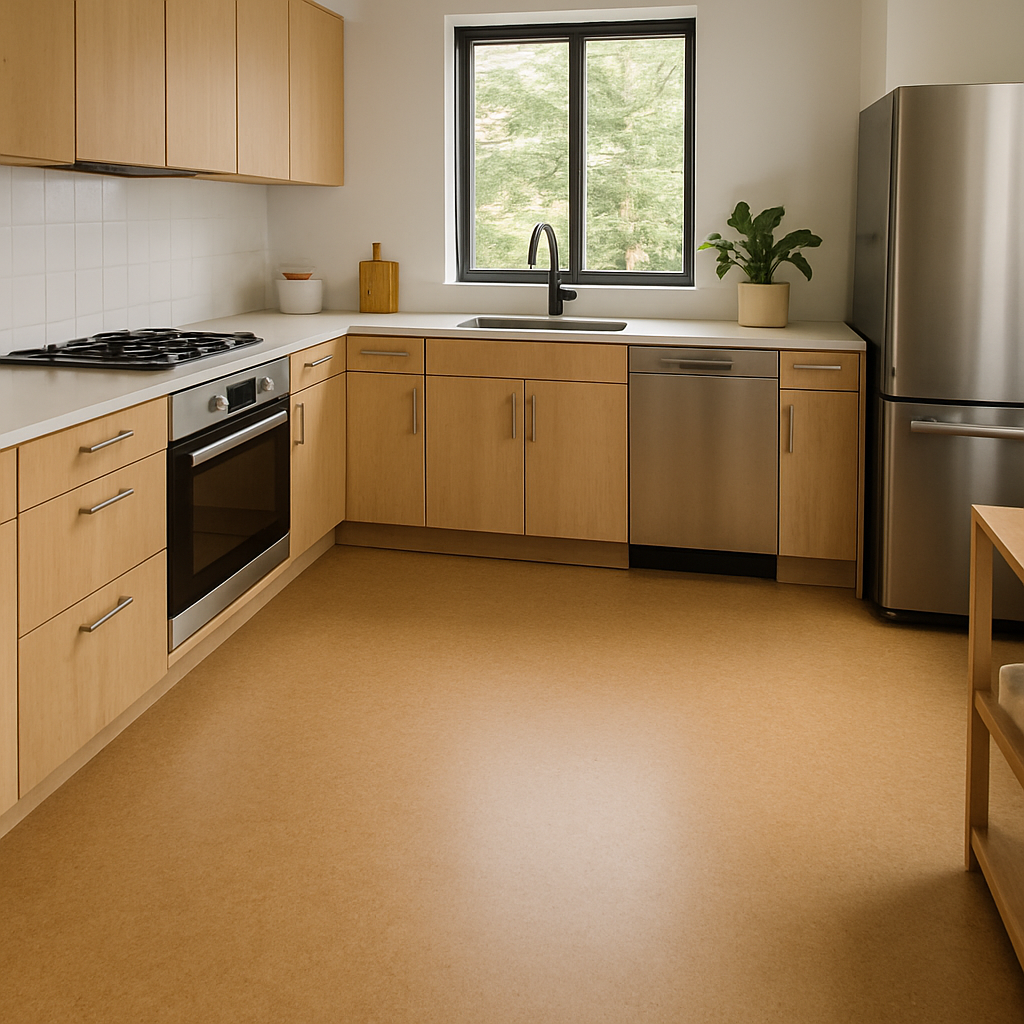 Eco-friendly linoleum flooring in a modern kitchen