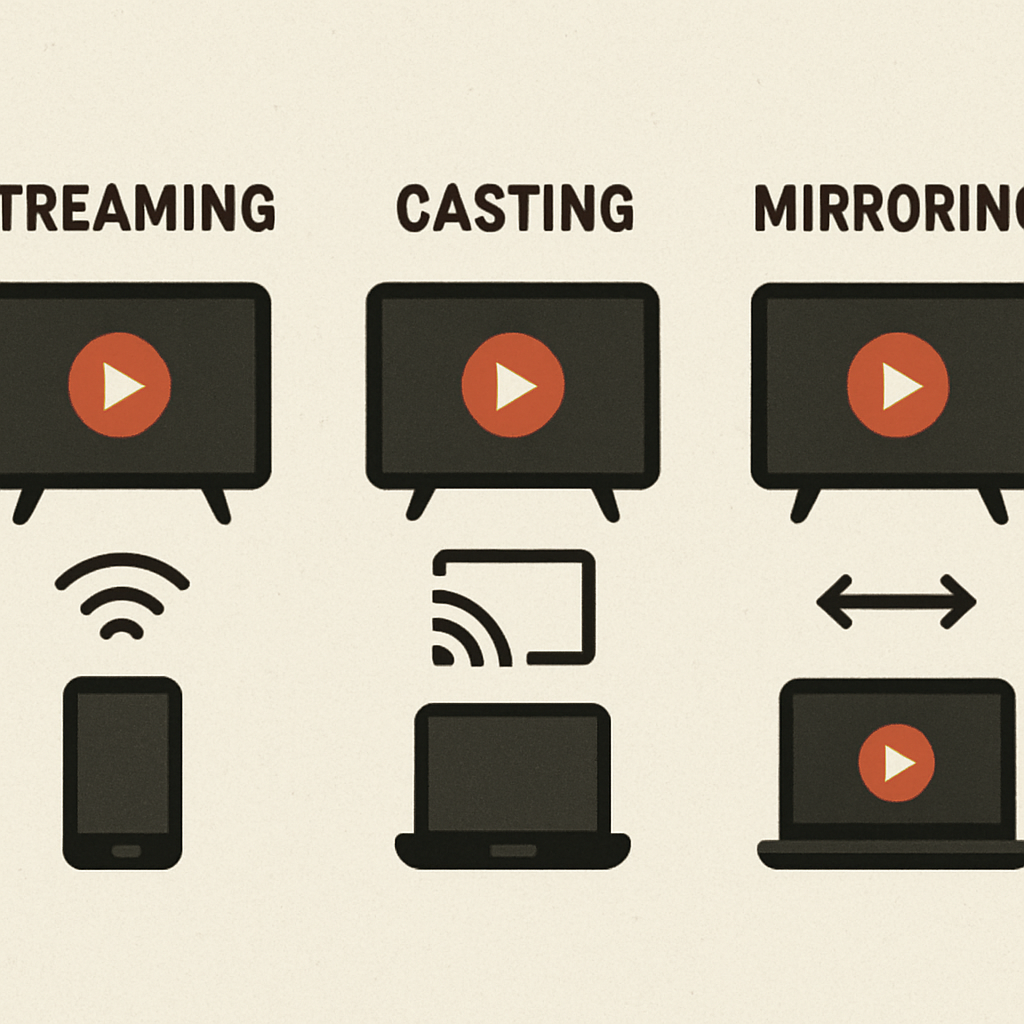 Illustration comparing streaming, casting, and mirroring