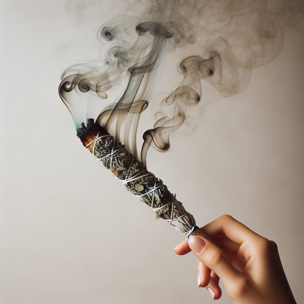 A hand holding smudge stick that is being smudged. Brown background.