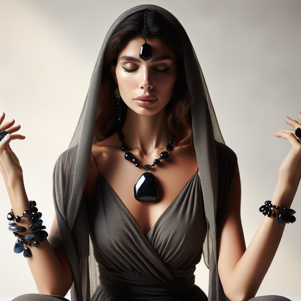 A woman wearing black stone jewelry during meditation. She is wearing grey clothing.