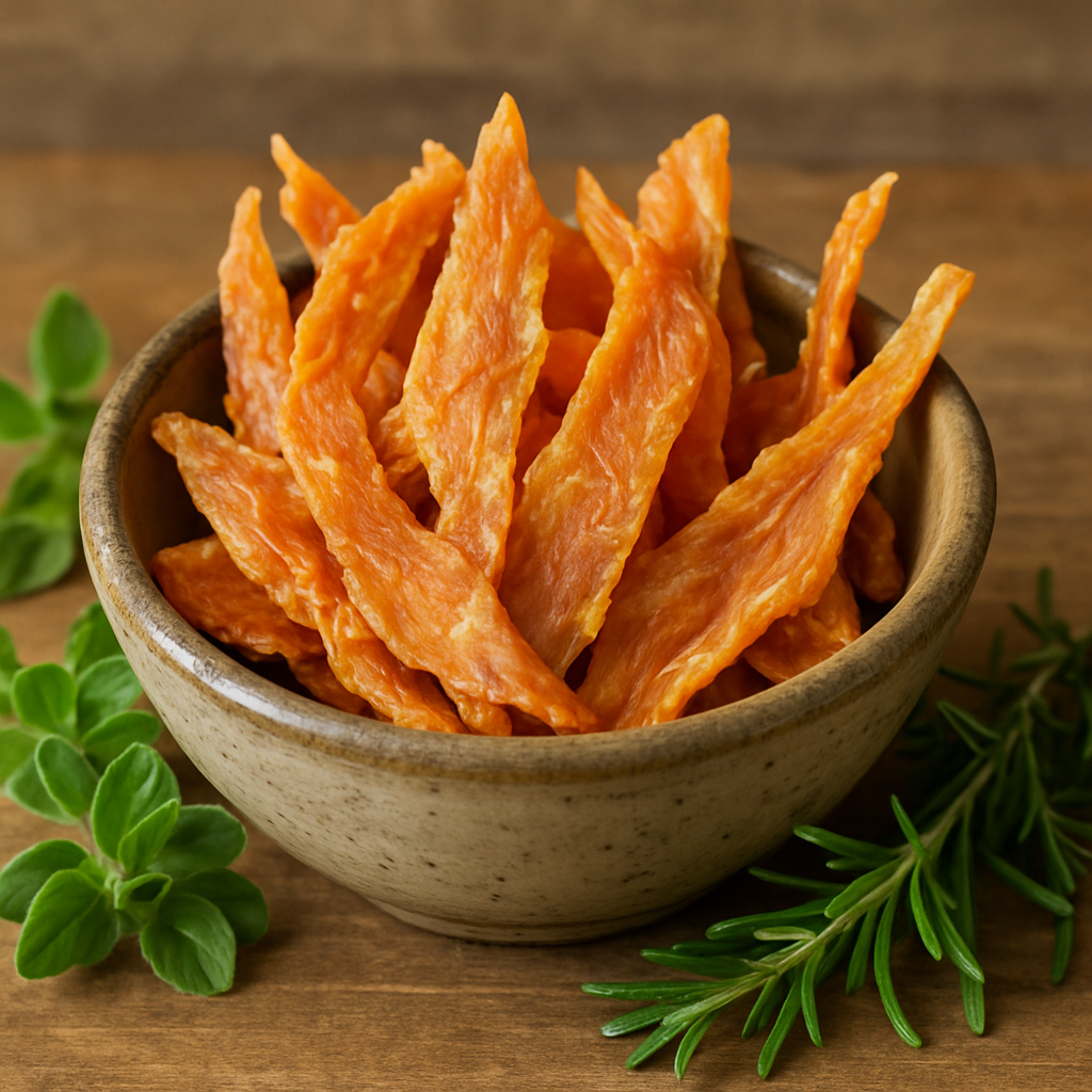 Dehydrated chicken dog treats in a bowl with fresh herbs