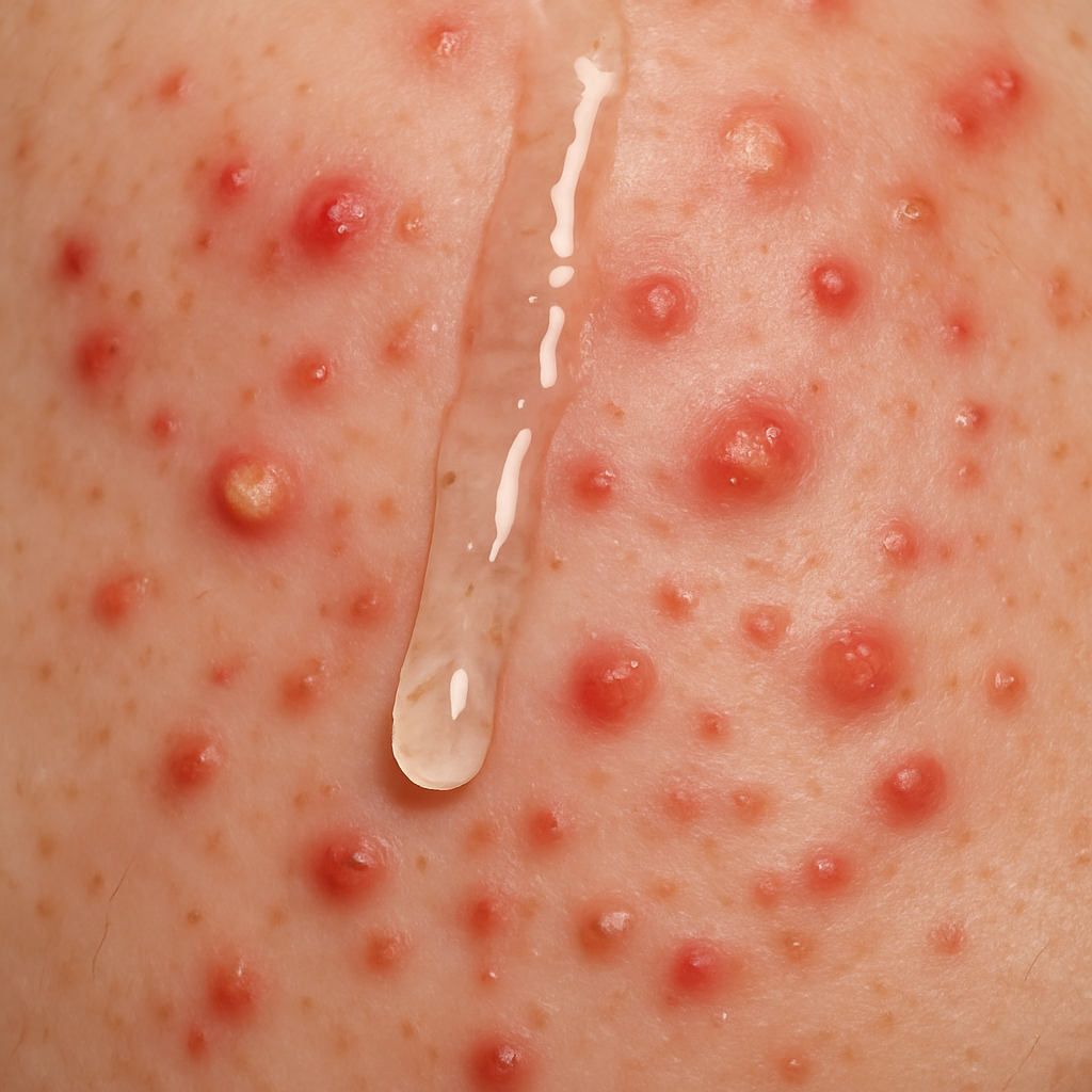 Close-up of skin with acne after serum application