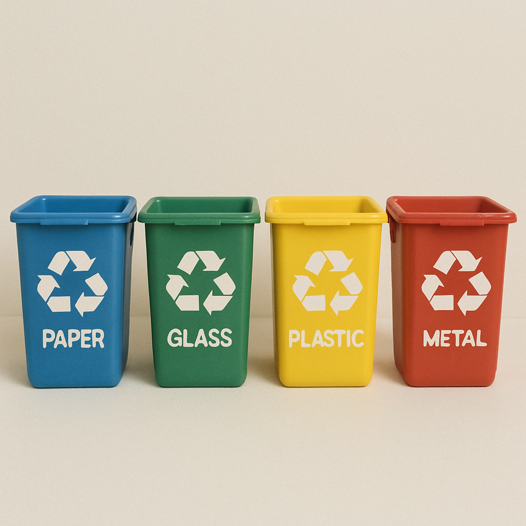 Recycling bins organized by category