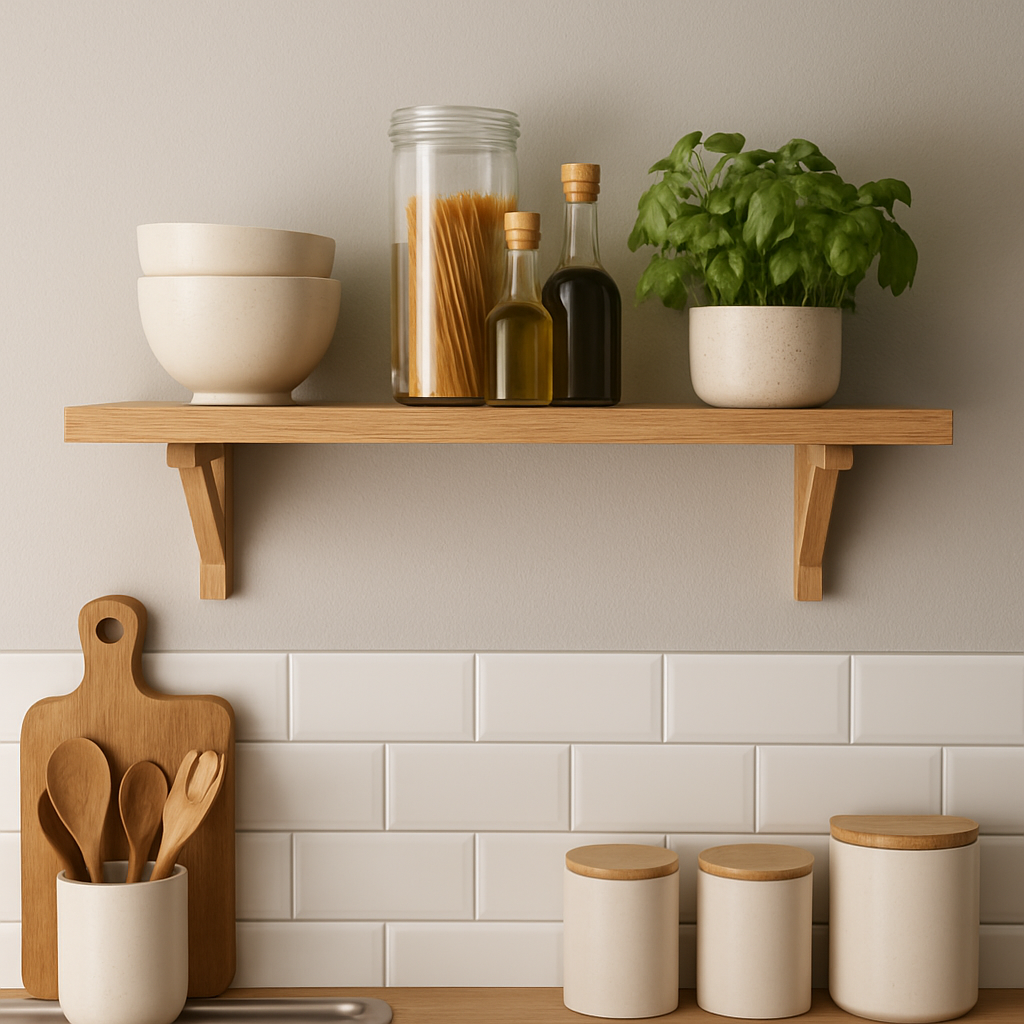 Étagère murale en bois dans une cuisine moderne