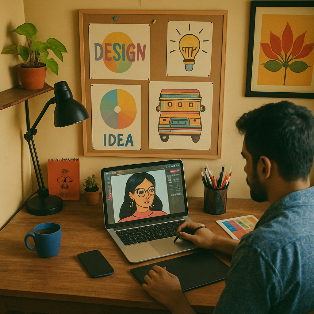 Creative workspace of a graphic designer in India
