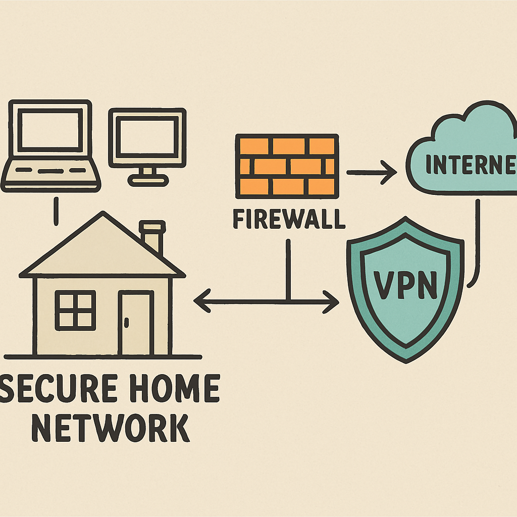 Illustration of a secure home network with firewalls and VPNs