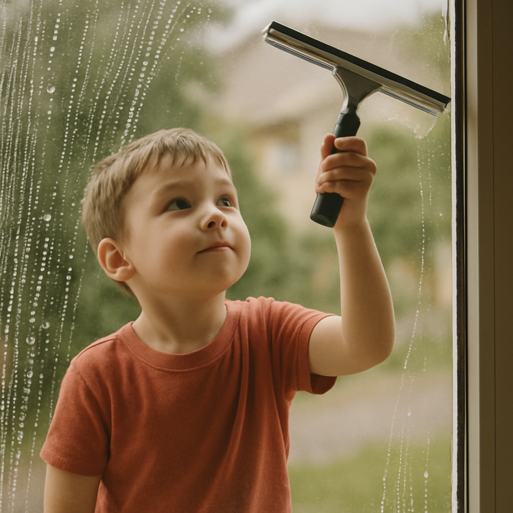 Child cleaning window with a squeegee