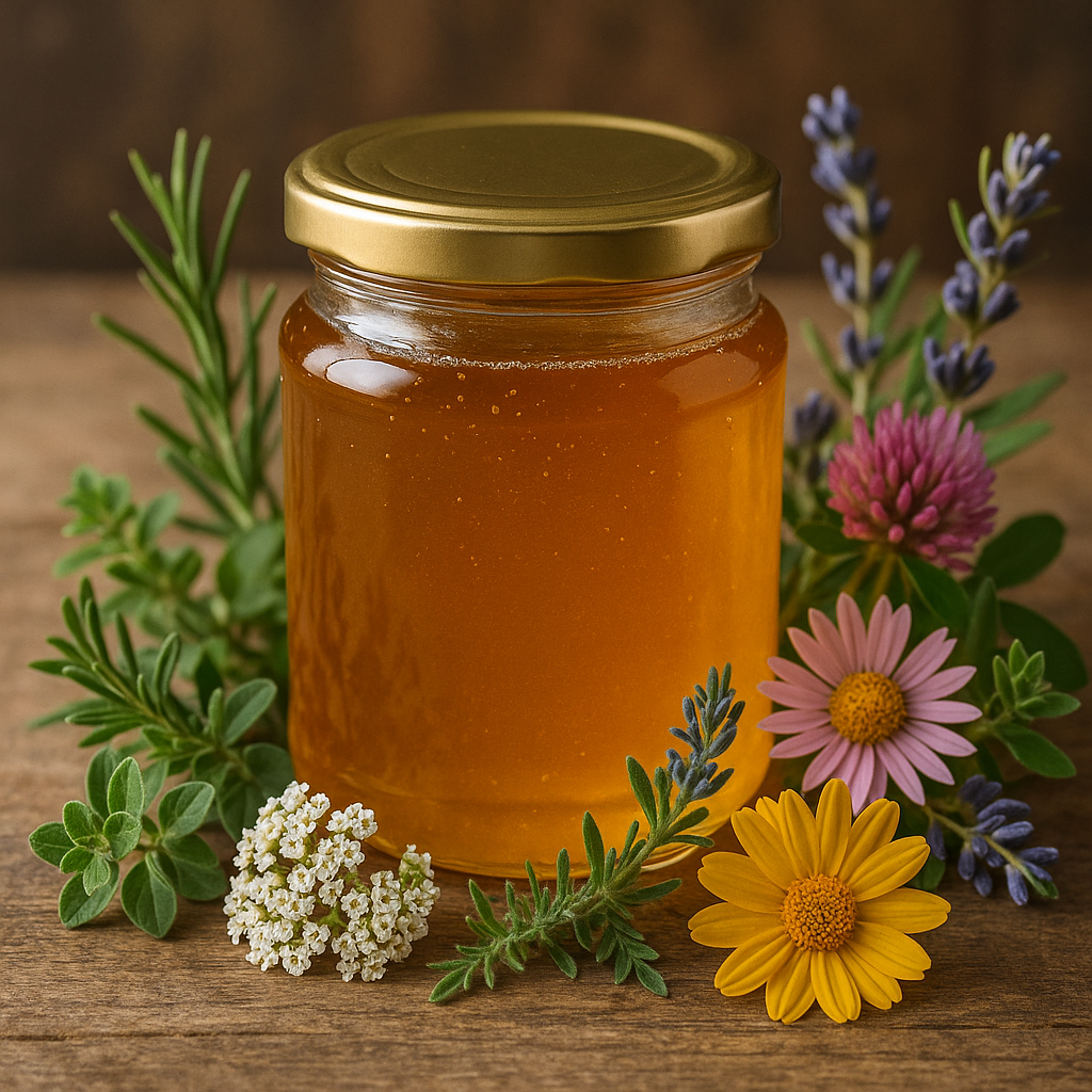 Jar of honey with herbs and flowers