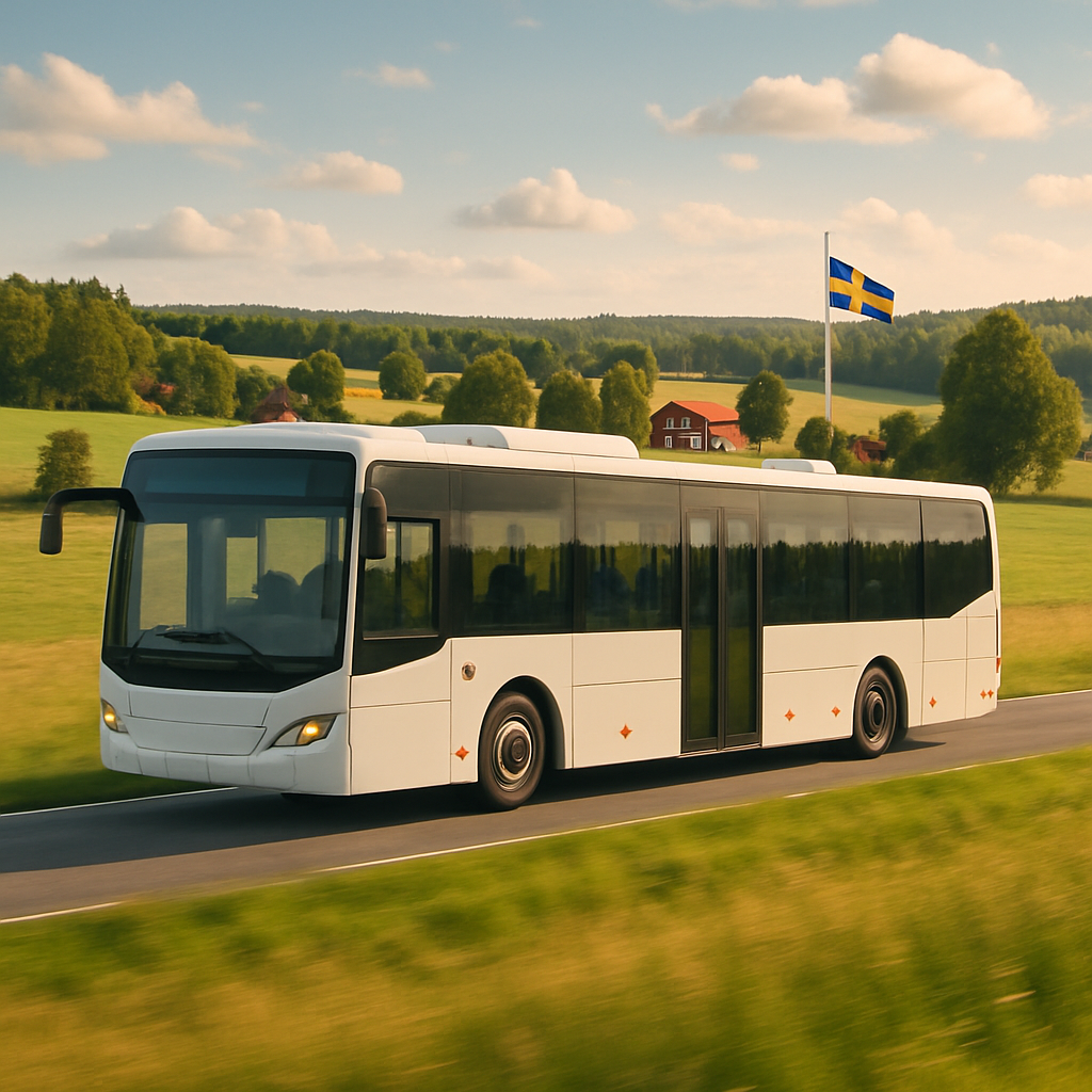 A modern bus traveling through the Swedish countryside