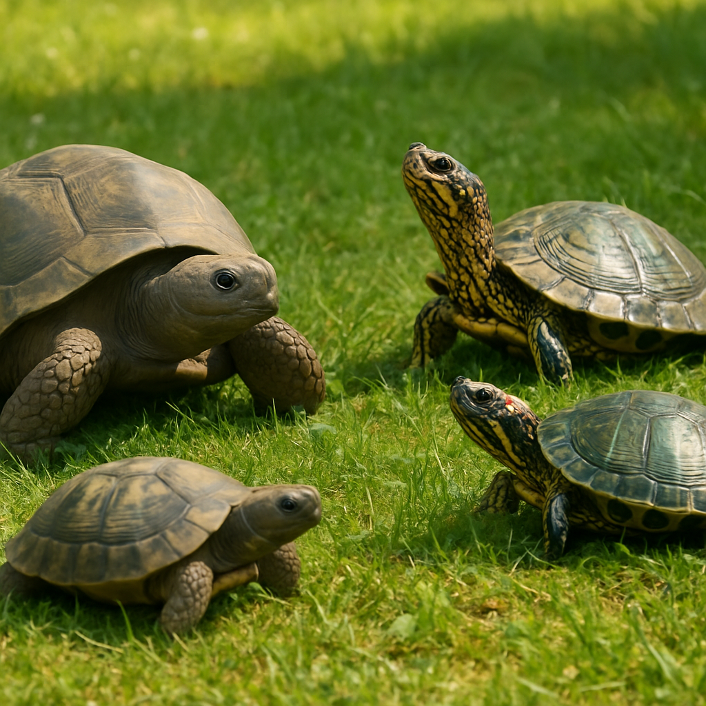 Turtles of different species on a grassy meadow