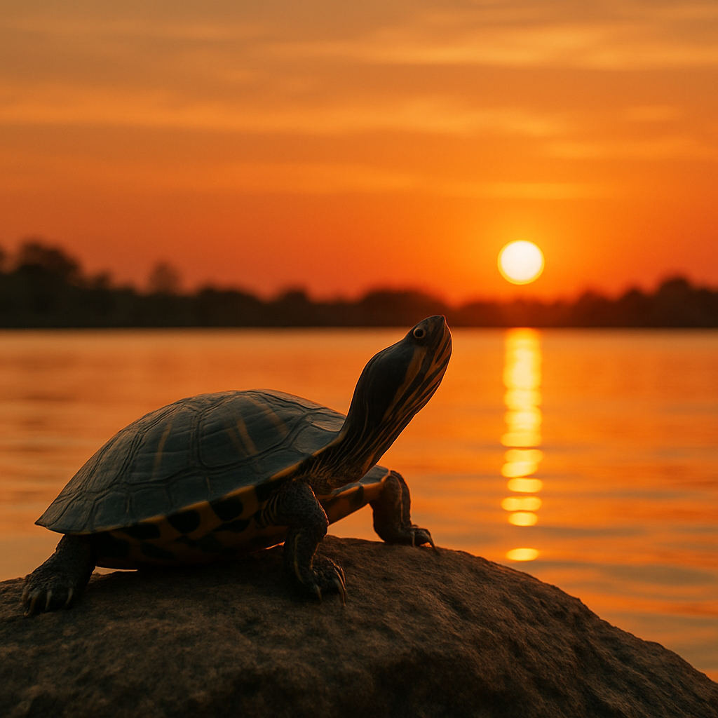 Turtle basking on a rock with a sunset background