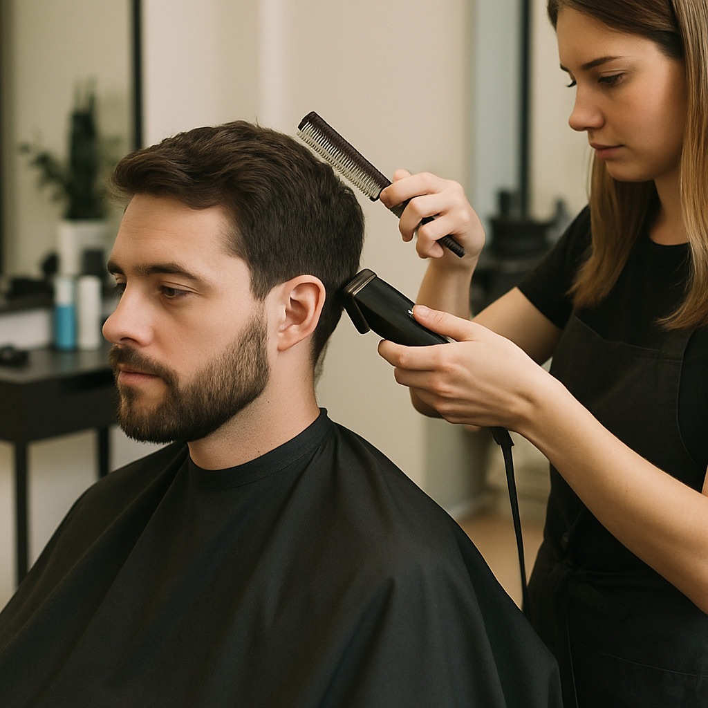 A man getting a haircut in a salon