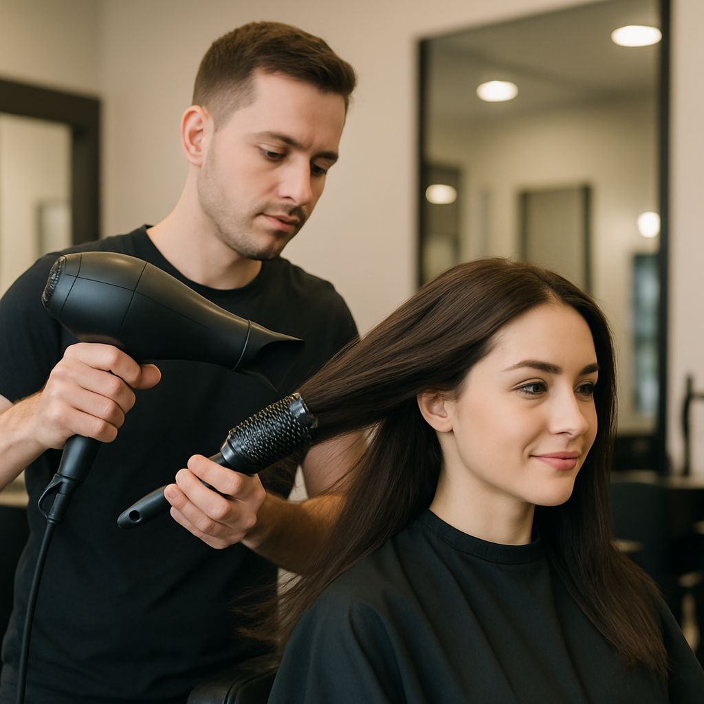 Professional blow drying a client's hair in a salon