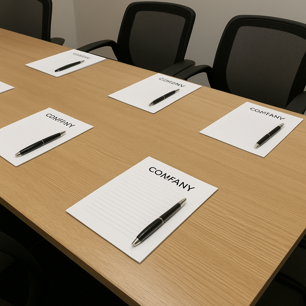 A corporate meeting table with custom branded notepads and pens