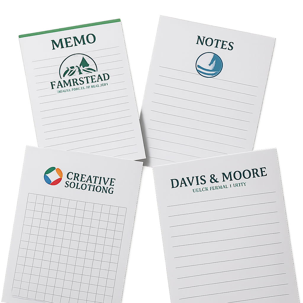 An assortment of custom printed notepads featuring various designs and logos