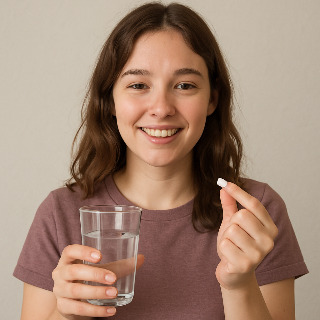 Young woman holding a glass of water and a pill