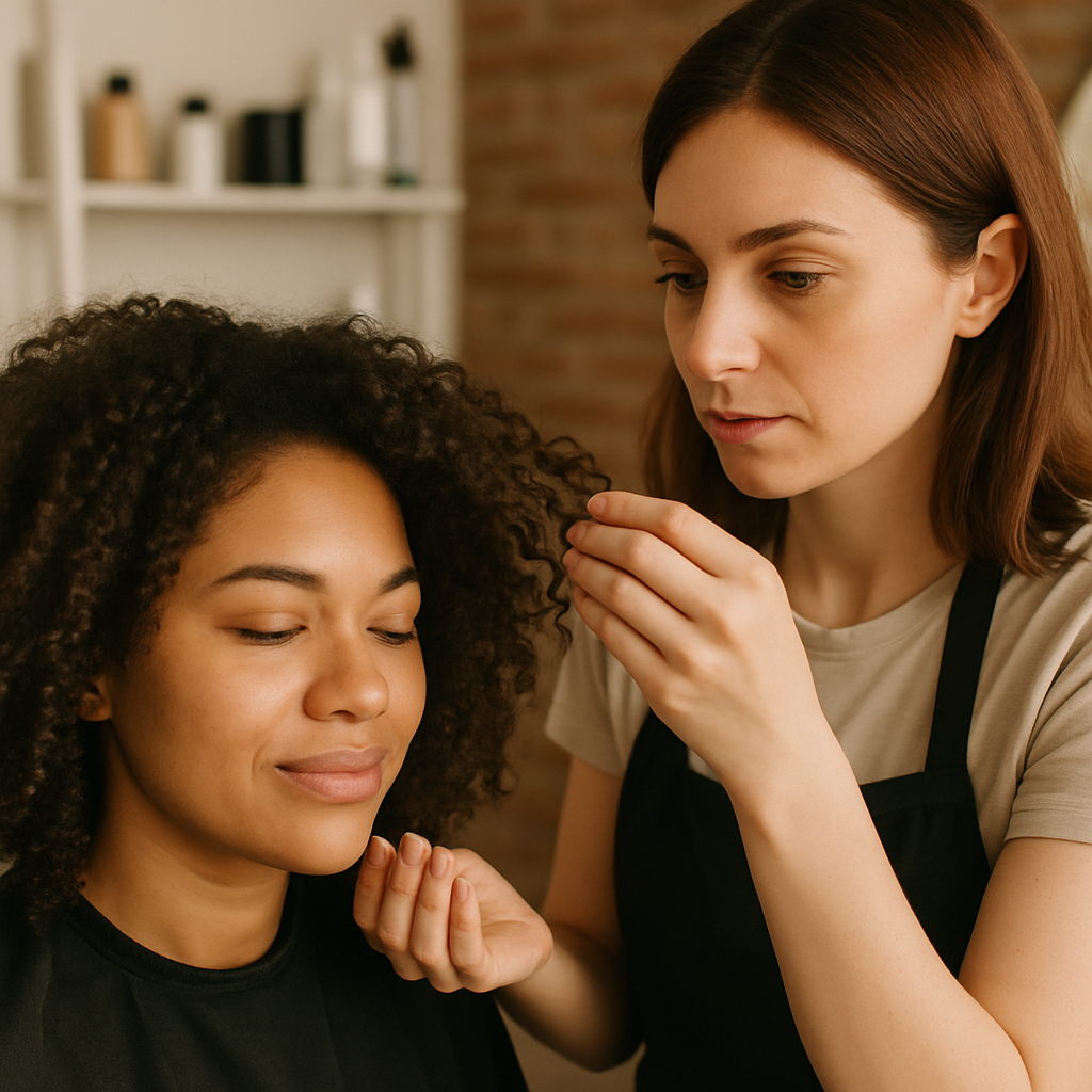 Image of a stylist examining curly hair