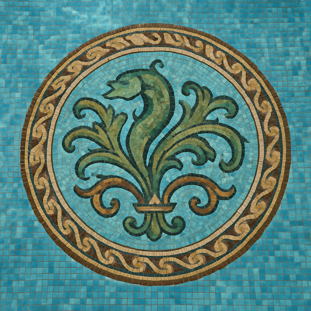 Intricate pool mosaic design at the bottom of a swimming pool