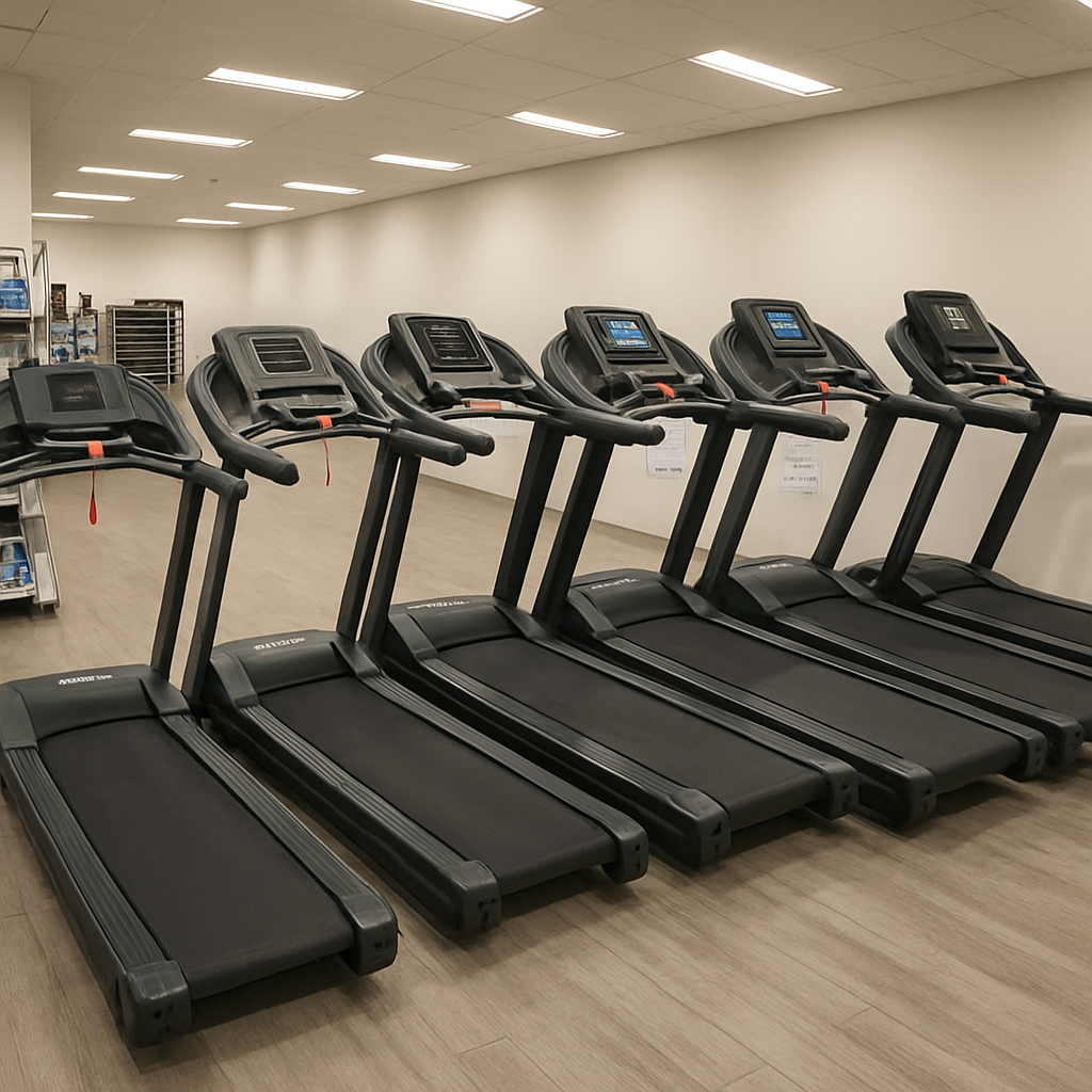 Various types of treadmills displayed in a store