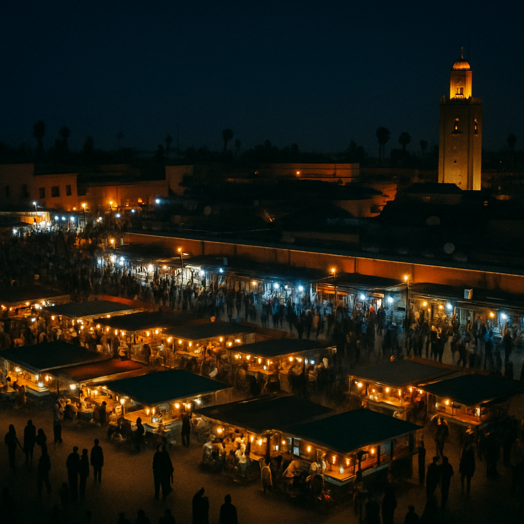 Vista nocturna de la Plaza Jemaa el-Fna
