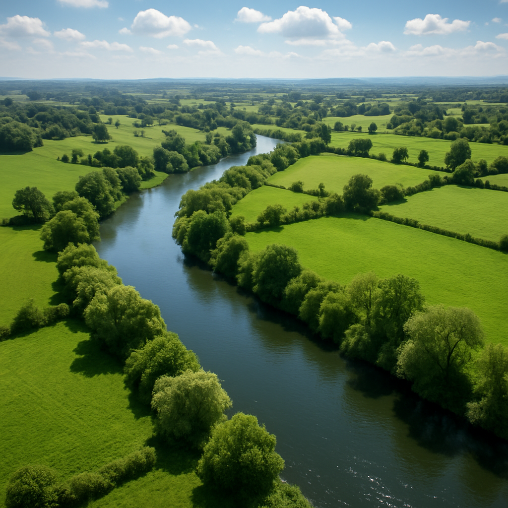 Aerial view of the River Avon winding through a lush landscape