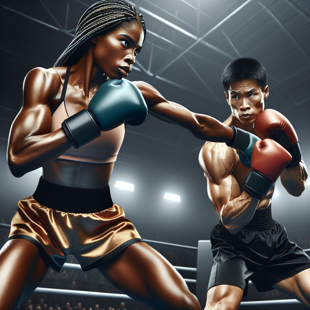 Boxing match between two athletes, one in black shorts and the other in golden shorts, showcasing dynamic movement and intensity in a competitive sports environment.