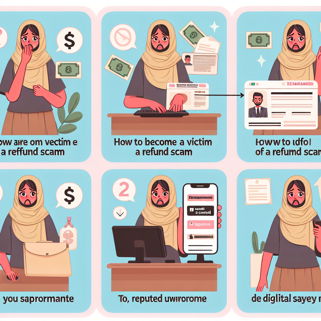 Illustration depicting a woman expressing distress over refund scams, featuring text on identifying and becoming a victim of refund scams, with visual elements like money, a laptop, and documents, relevant to consumer protection and fraud awareness.