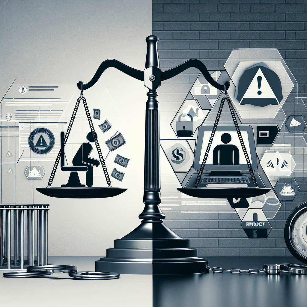 Scales of justice balancing symbols of refund fraud, including money and a laptop, representing legal consequences for scammers and the impact on businesses.