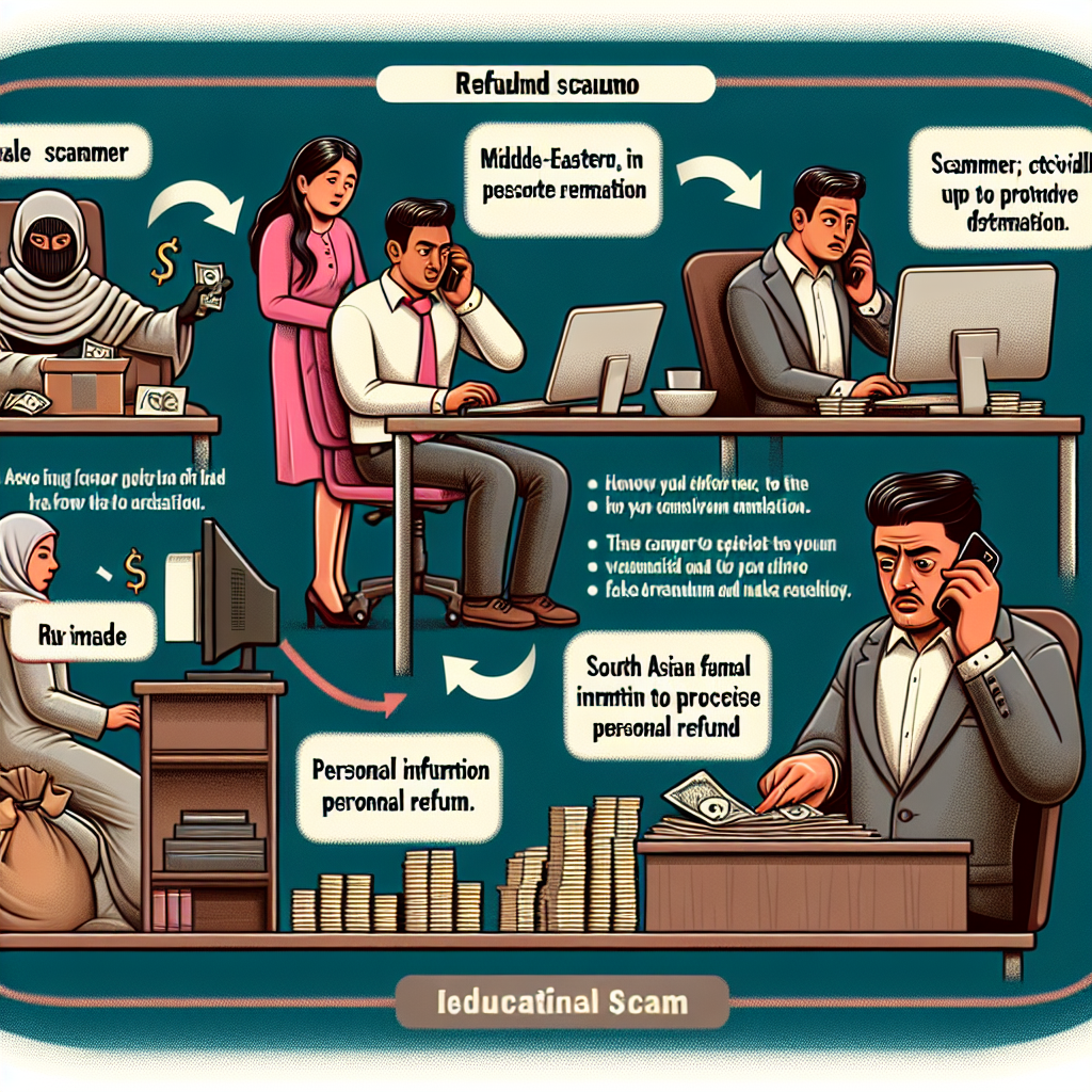 Refund scam illustration showing diverse scammers engaging in deceptive practices, including fake identities, phone calls, and financial transactions, highlighting the complexities of refund fraud schemes.