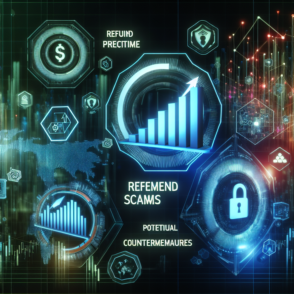 Refund scams graphic illustrating trends, potential countermeasures, and a rising bar chart symbolizing increased scam activity, featuring elements like a dollar sign, lock icon, and world map.
