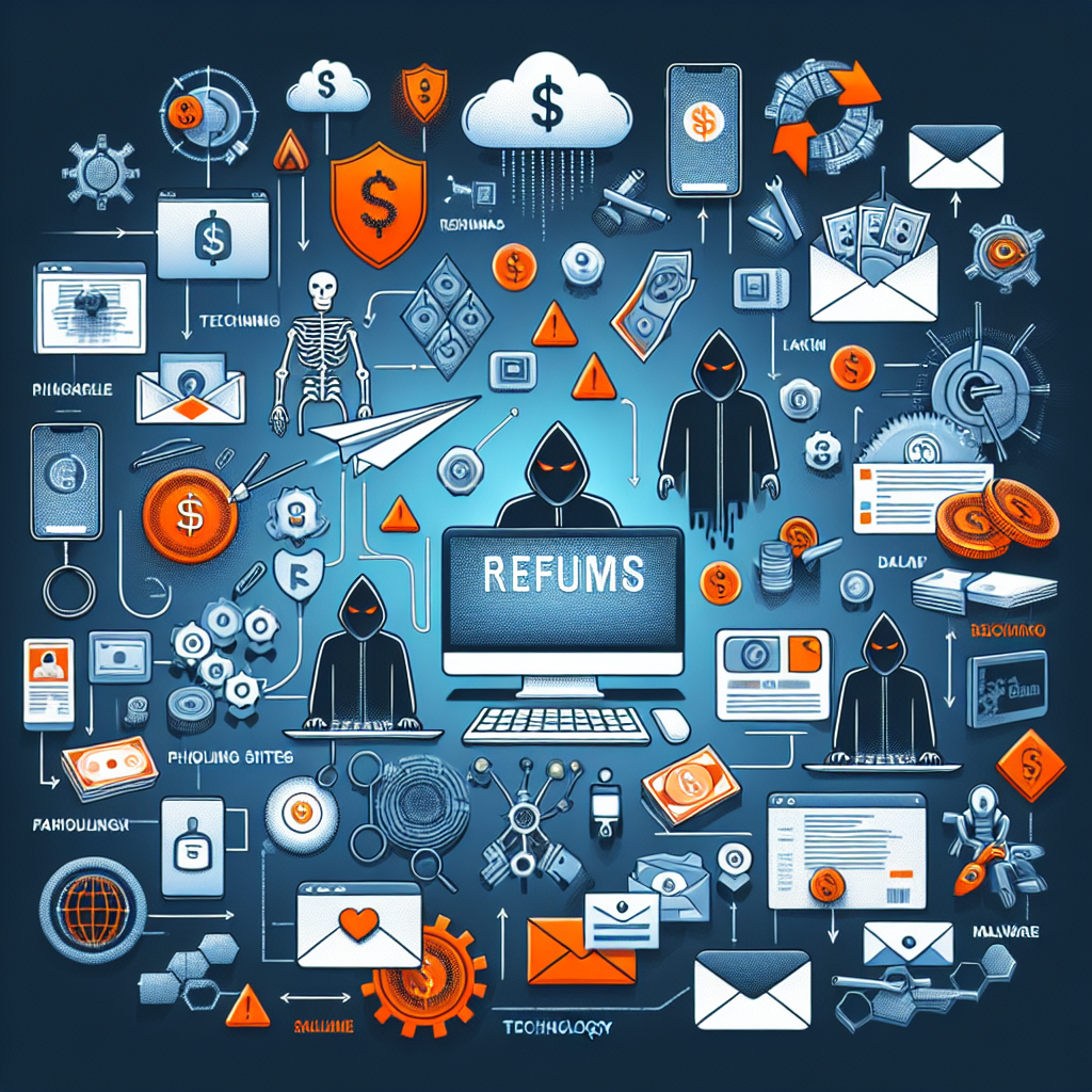 Illustration of refund scams featuring a computer with "REFUNS" text, hooded figures, dollar symbols, warning signs, and various technology icons like email, malware, and automation tools, highlighting tactics used by scammers.