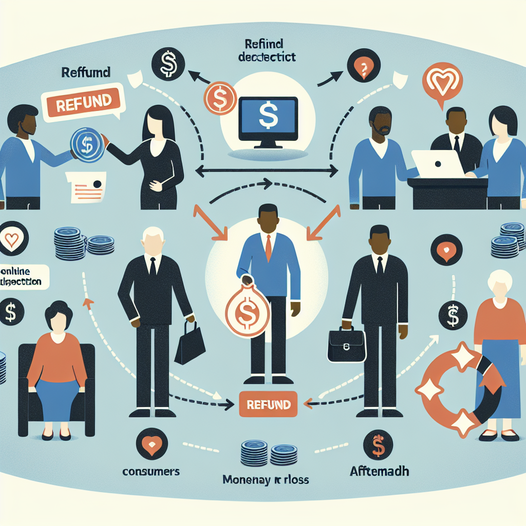 Illustration depicting refund scams with consumers, refund detection processes, and financial loss, emphasizing trust issues in online shopping and the emotional impact on victims.