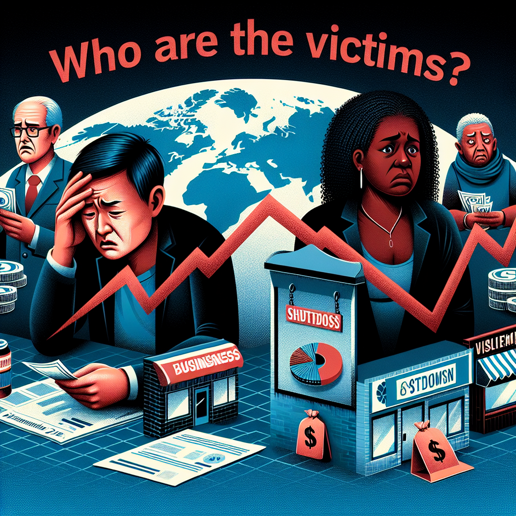 Illustration depicting victims of refund scams, featuring distressed individuals, a declining graph, and storefronts labeled "BUSINESS," "SHUTDOWN," and "VISIBILITY," emphasizing the financial impact on consumers and businesses.